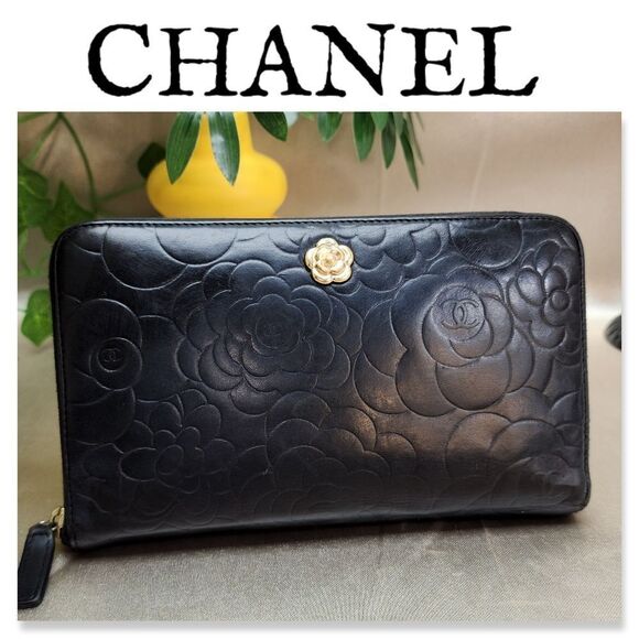 Authentic Chanel Lambskin Camellia Embossed Zip Around Organizer Wallet Black - Picture 1 of 17